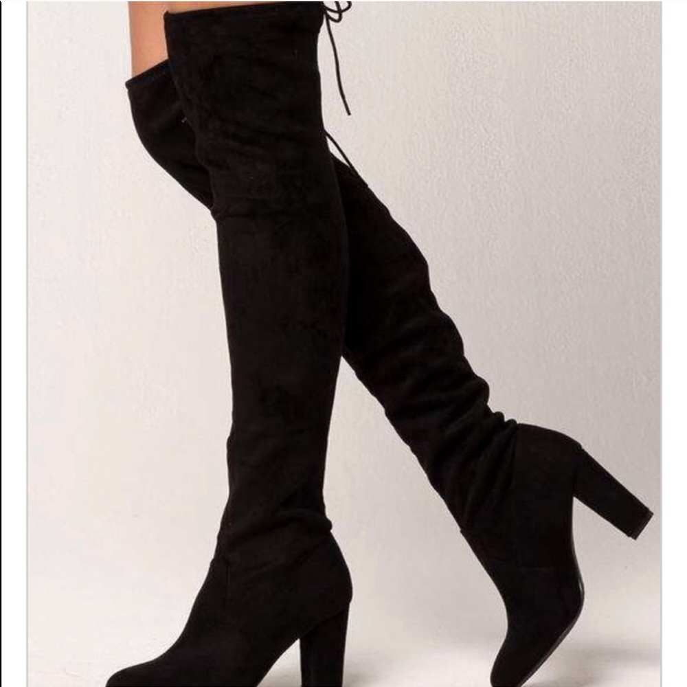 Black Suede Thigh High Heeled Boots